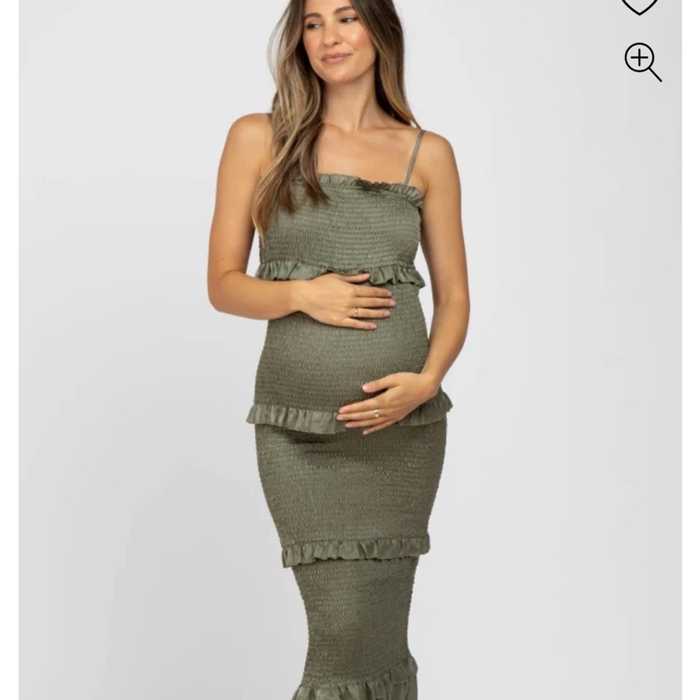 Pinkblush Olive Green Smocked Ruffle Midi Maternity Dress